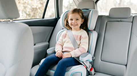 Enfant attaché dans un rehausseur auto avec dossier conforme à la norme R129, à l'arrière d'une voiture