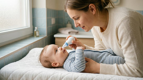 Maman nettoie le nez de son bébé allongé sur un matelas à langer, ambiance douce.