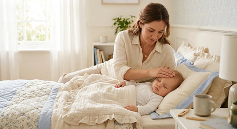 Parent posant une main sur le front de son bébé fiévreux pendant une roséole