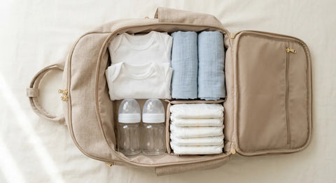 Sac à langer pour jumeaux ouvert avec un double nécessaire : deux biberons et deux tenues de bébé