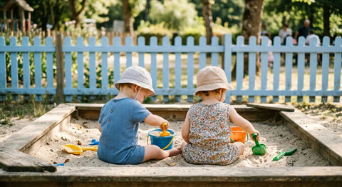 Deux jeunes enfants en jeu parallèle côte à côte dans un bac à sable — étape normale de socialisation entre 18 et 30 mois