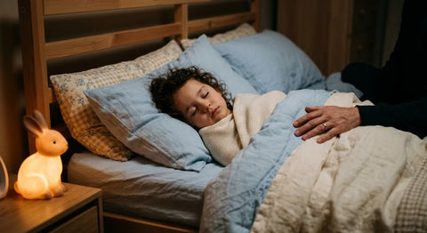 Jeune enfant endormi paisiblement la nuit, veilleuse douce et main rassurante d'un parent