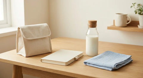 Coin de bureau calme avec un sac isotherme et un flacon de lait prêts pour la journée de travail