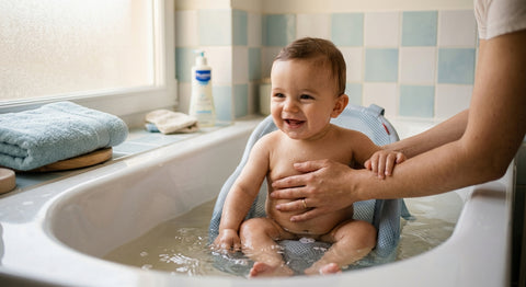 Bébé installé dans un transat de bain mesh, mains du parent en surveillance permanente