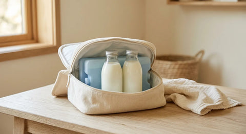 Sac isotherme ouvert avec des flacons de lait maternel calés contre des pains de glace