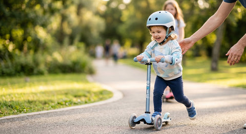 Enfant de 3 ans sur sa trottinette 3 roues avec casque homologué et protections, parent à proximité