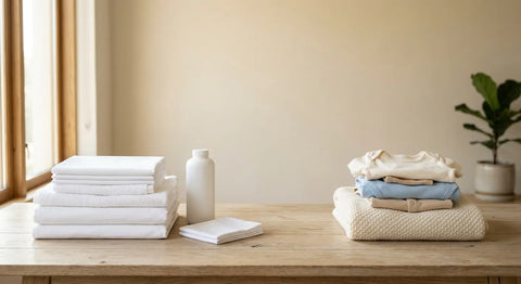 Linge fourni par la maternité et vêtements personnels de bébé posés côte à côte sur une table