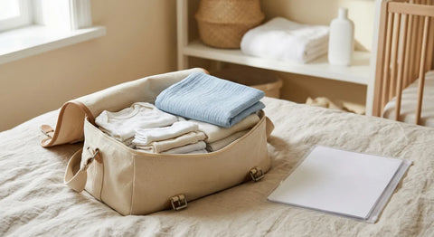 Valise de maternité ouverte avec les vêtements de bébé pliés et la pochette de documents
