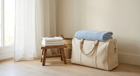 Valise de maternité préparée à l'avance et posée près d'une fenêtre avec une couverture pliée