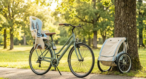 Vélo familial équipé d'un siège bébé arrière à harnais 5 points et d'une remorque enfant repliée pour balades en famille