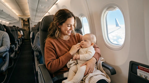 Parent tenant bébé confortablement installé en cabine d'avion avec ceinture loop adaptée pour le vol