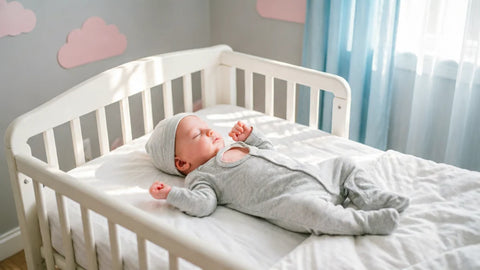 Bébé endormi paisiblement dans un lit à barreaux pendant sa sieste dans une chambre tamisée | Securidou