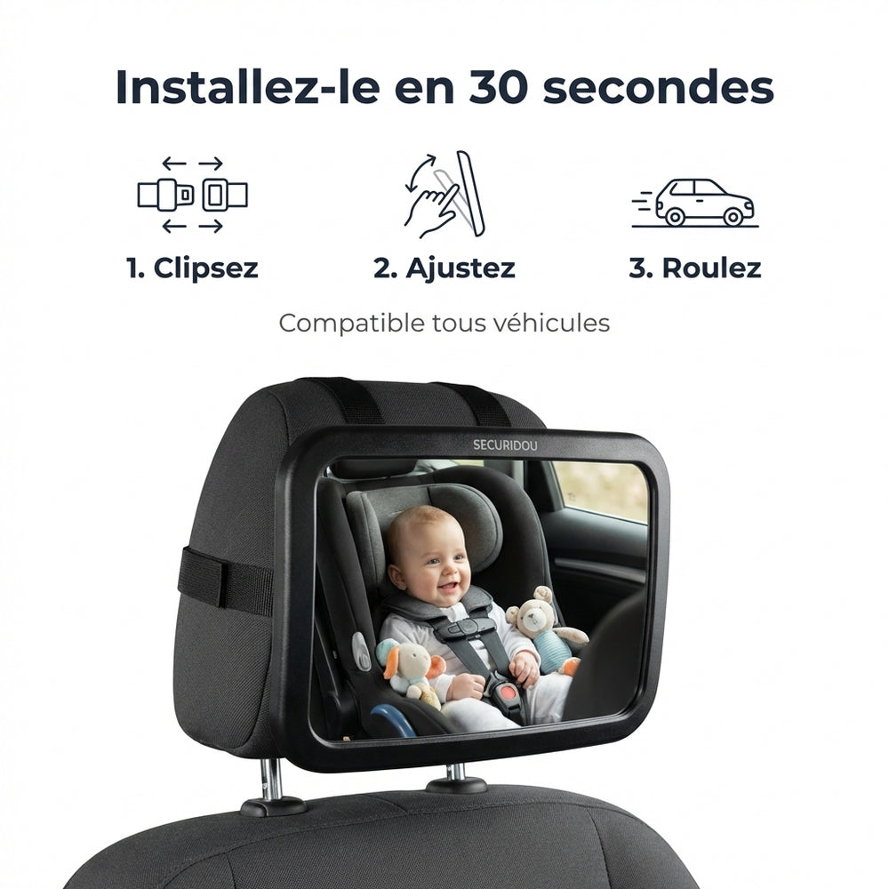 Installation miroir voiture bebe fixation appui-tete Securidou