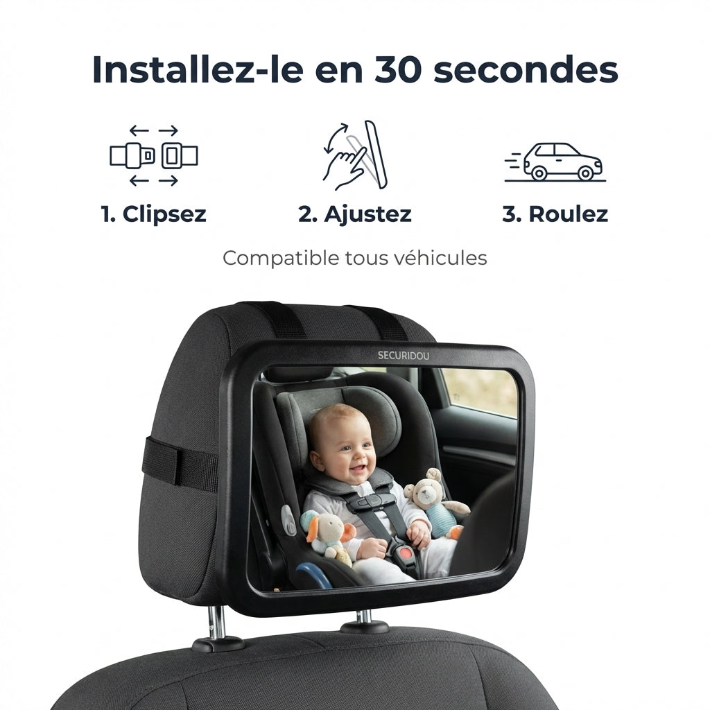 Installation miroir voiture bebe fixation appui-tete Securidou