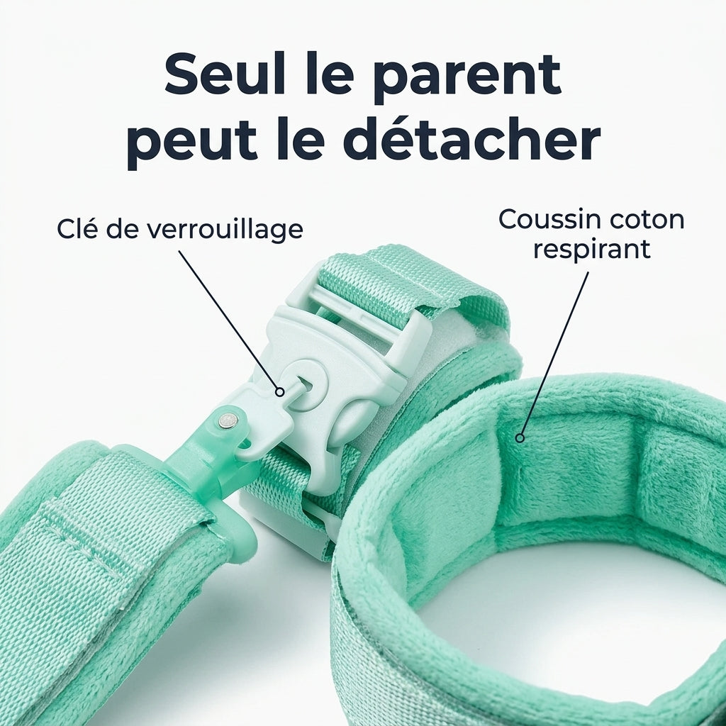 Mécanisme de fermeture sécurisée du bracelet anti-perte Securidou