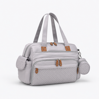 Sac à langer multifonction Securidou gris clair, vue d'ensemble avec poches latérales et pochette tétine