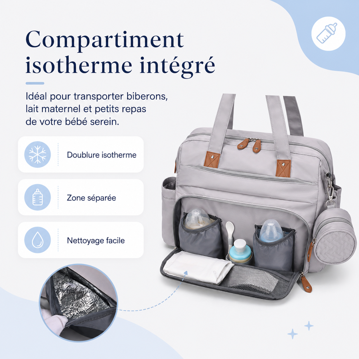 Compartiment isotherme intégré du sac à langer Securidou pour les biberons et le lait de votre bébé