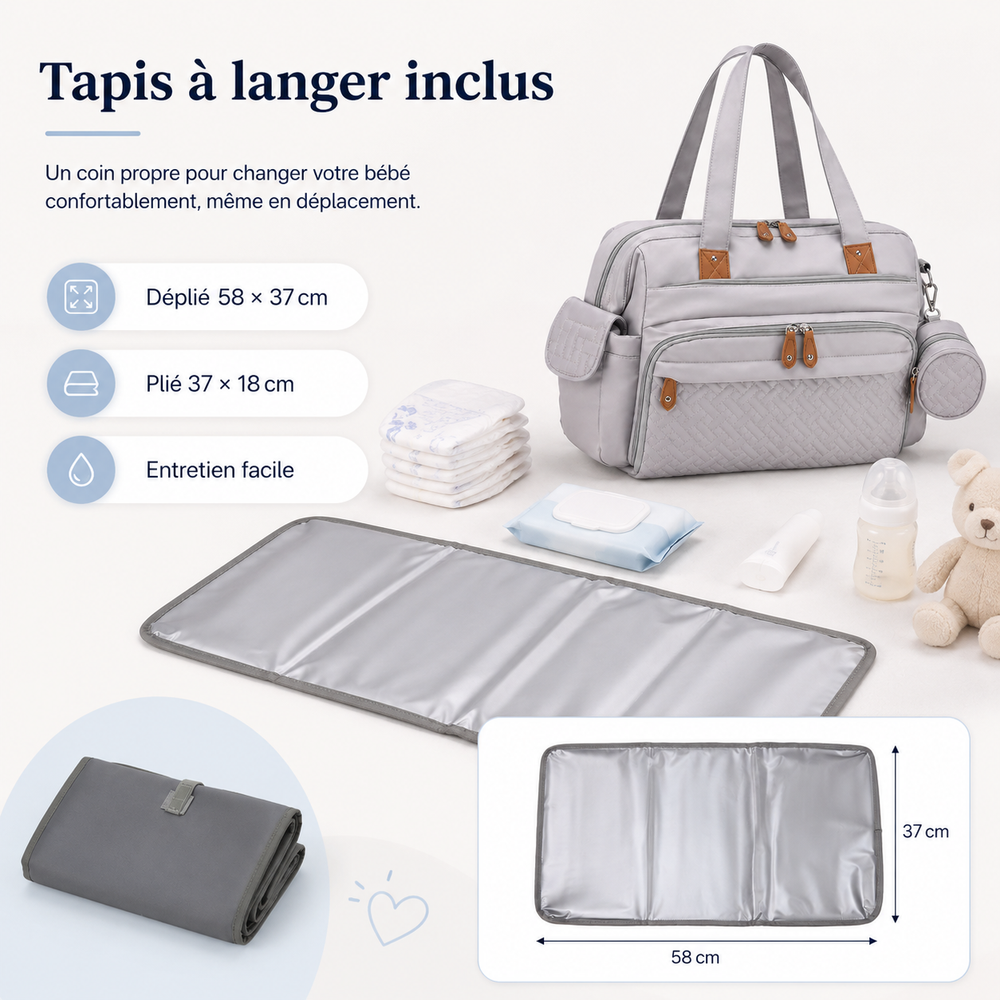 Tapis à langer déperlant inclus, déplié 58 × 37 cm, pour changer votre bébé partout