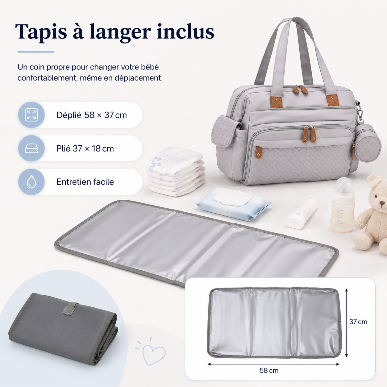 Tapis à langer déperlant inclus, déplié 58 × 37 cm, pour changer votre bébé partout