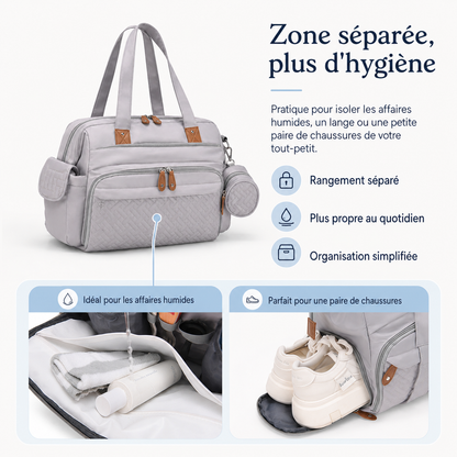 Zone sec/humide et compartiment chaussures du sac à langer Securidou pour isoler les affaires sales
