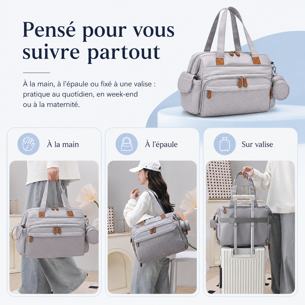 Sac à langer convertible Securidou porté à la main, à l'épaule ou fixé sur une valise