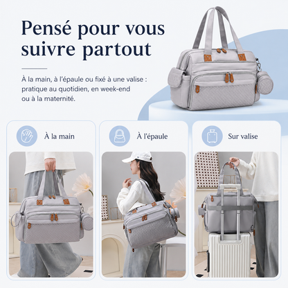 Sac à langer convertible Securidou porté à la main, à l'épaule ou fixé sur une valise