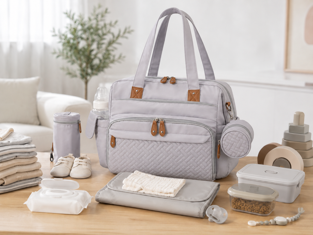 Sac à langer multifonction Securidou gris organisé avec biberon, vêtements et tapis à langer