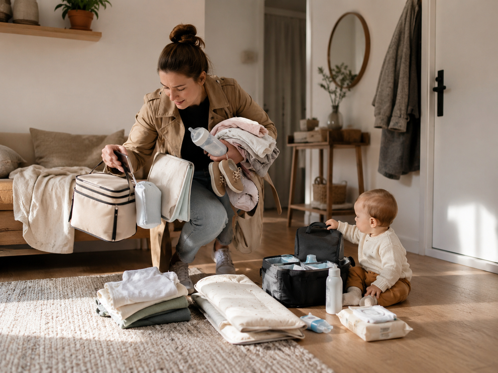 Maman préparant plusieurs sacs avant une sortie en famille, son bébé à côté