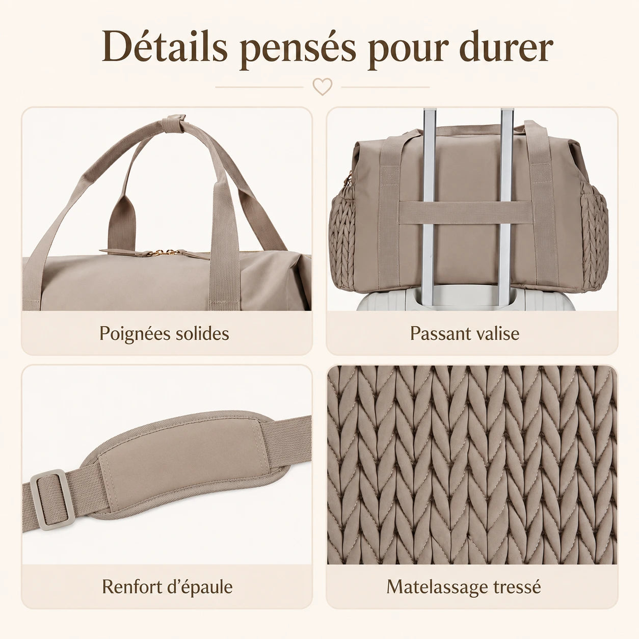 Détails du sac à langer maternité : poignées solides, passant valise, renfort d'épaule et matelassage tressé