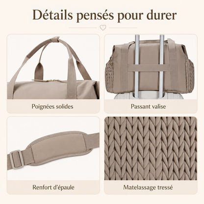 Détails du sac à langer maternité : poignées solides, passant valise, renfort d'épaule et matelassage tressé