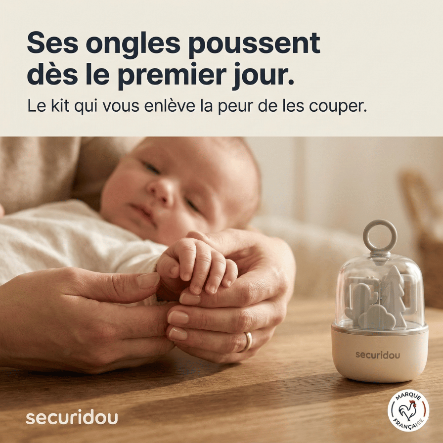 Kit manucure bébé en utilisation, soin des ongles d'un nouveau-né Securidou