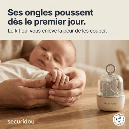 Kit manucure bébé en utilisation, soin des ongles d'un nouveau-né Securidou