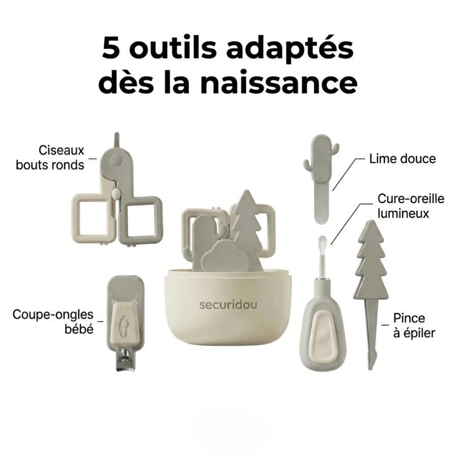 Accessoires du kit manucure bébé : ciseaux, lime en verre et pince Securidou