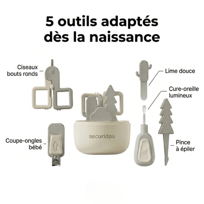 Accessoires du kit manucure bébé : ciseaux, lime en verre et pince Securidou