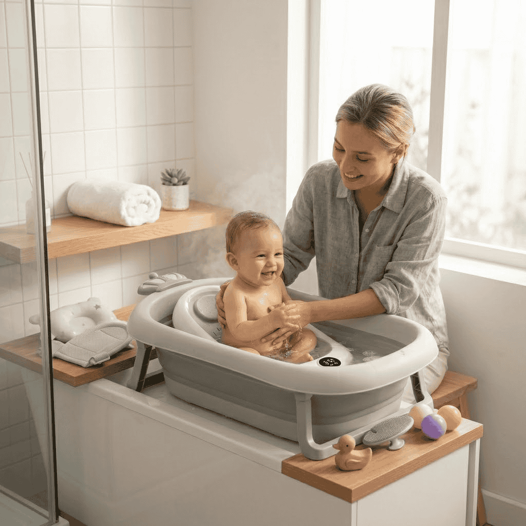 Baignoire pliante bebe remplie temperature controlee Securidou