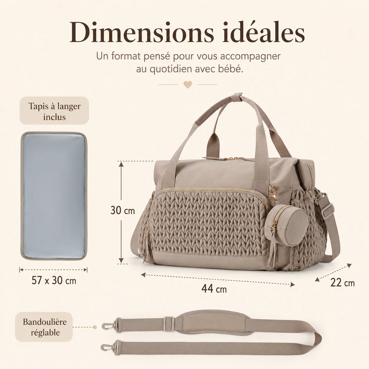 Dimensions du sac à langer maternité : 44 × 30 × 22 cm, tapis à langer XL 57 × 30 cm inclus et bandoulière réglable