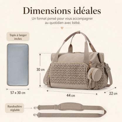 Dimensions du sac à langer maternité : 44 × 30 × 22 cm, tapis à langer XL 57 × 30 cm inclus et bandoulière réglable