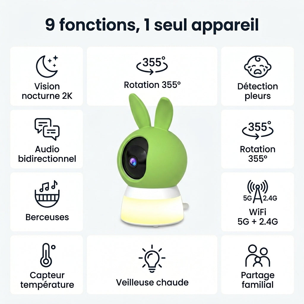 Babyphone Vidéo 2K Veilleuse — Détection Pleurs & Vision Nocturne - Vue 2