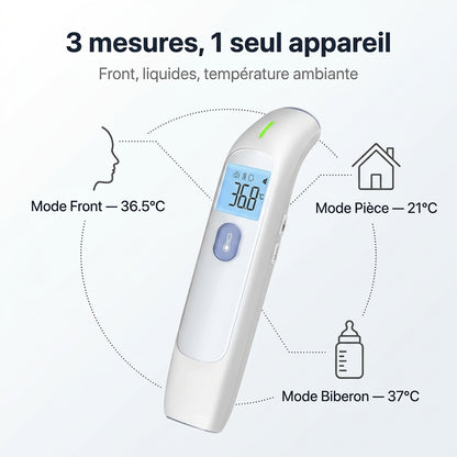 Infographie : 3 modes du thermomètre sans contact Securidou (front, biberon, pièce)