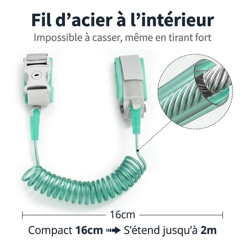 Détails du bracelet anti-perte : lien spiralé extensible 2 m et attaches réglables Securidou