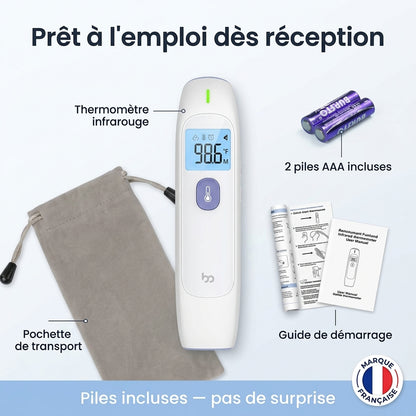 Infographie : utilisation du thermomètre infrarouge sans contact à 0-3 cm du front Securidou