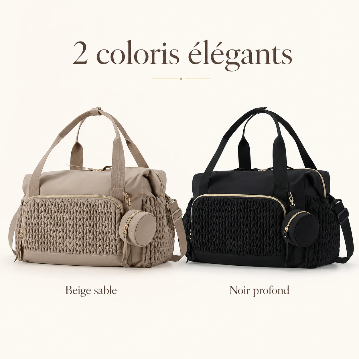 Les 2 coloris du sac à langer maternité Securidou : beige sable et noir profond