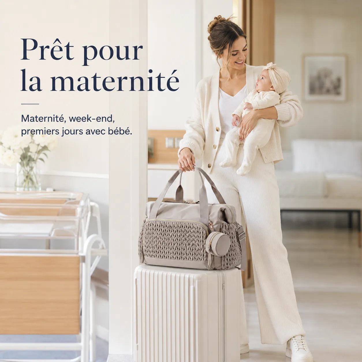 Maman et nouveau-né à la maison, sac à langer maternité taupe posé sur une valise — prêt pour la maternité