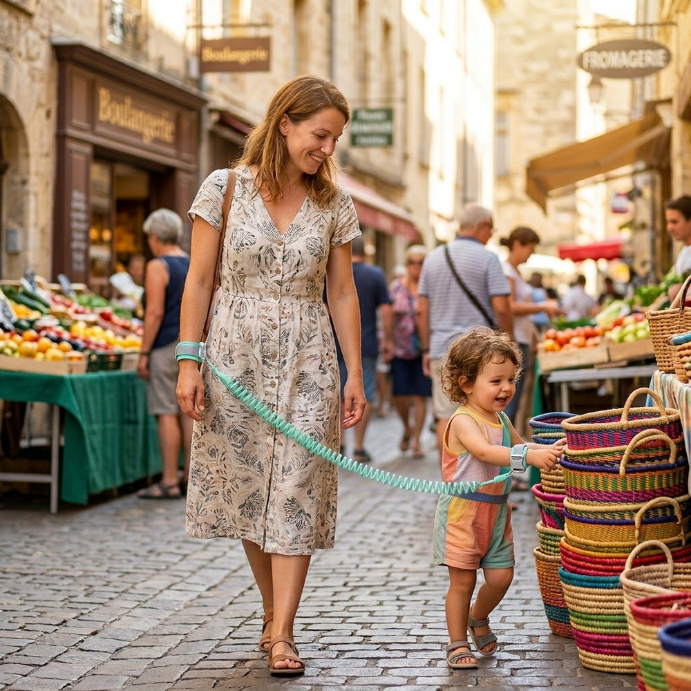 Maman et jeune enfant en promenade avec le bracelet anti-perte Securidou