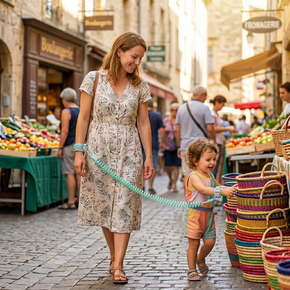 Maman et jeune enfant en promenade avec le bracelet anti-perte Securidou