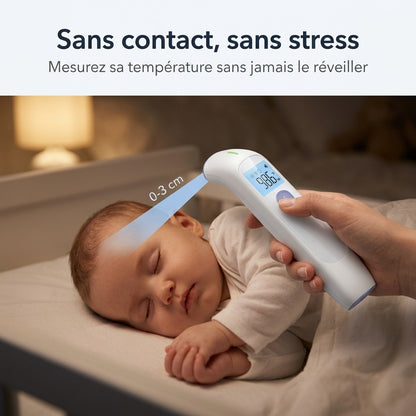 Maman mesurant la température de son bébé avec le thermomètre sans contact Securidou