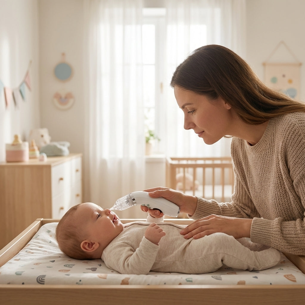 Maman utilisant le mouche-bébé électrique Securidou sur son bébé