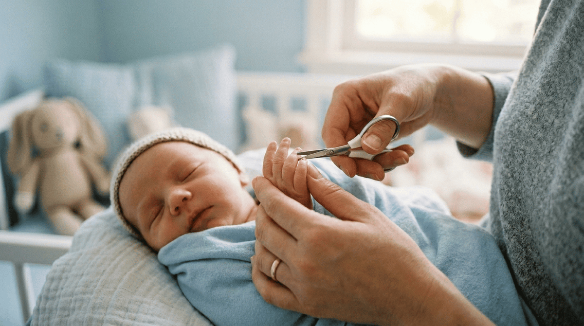 Parent coupant délicatement les ongles d'un nouveau-né endormi avec des ciseaux à bouts ronds