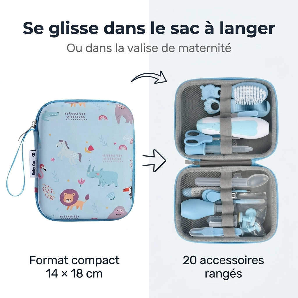 Trousse de soin bébé ouverte, détail des accessoires d'hygiène Securidou