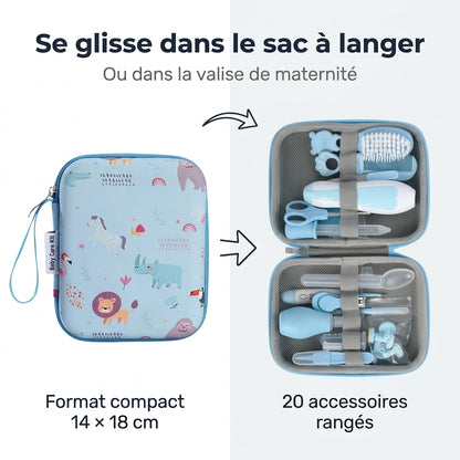 Trousse de soin bébé ouverte, détail des accessoires d'hygiène Securidou